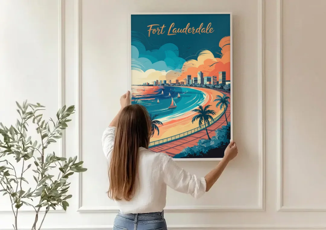 Fort Lauderdale Oceanfront Views canvas wall art being hung on a paneled wall