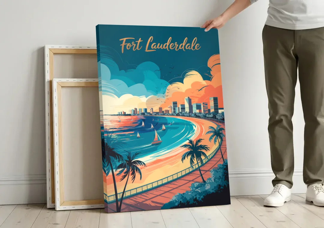 Fort Lauderdale Oceanfront Views canvas wall art leaning against a wall next to blank canvases