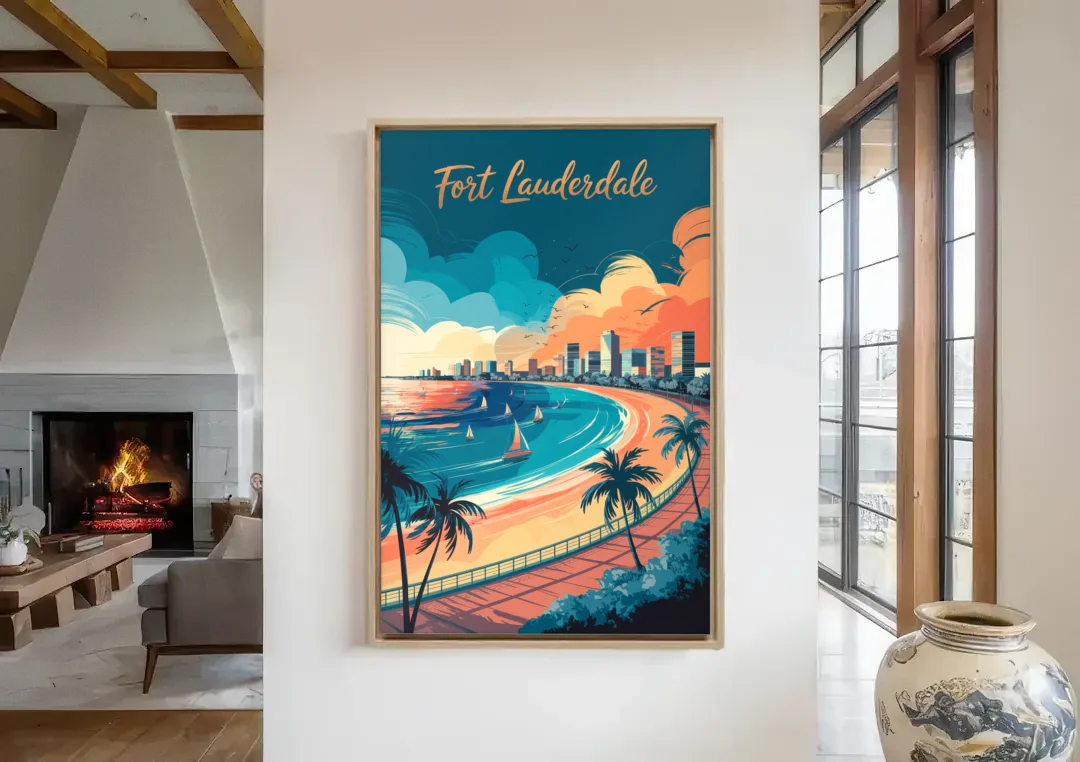 Fort Lauderdale Oceanfront Views canvas wall art in a living room with a fireplace