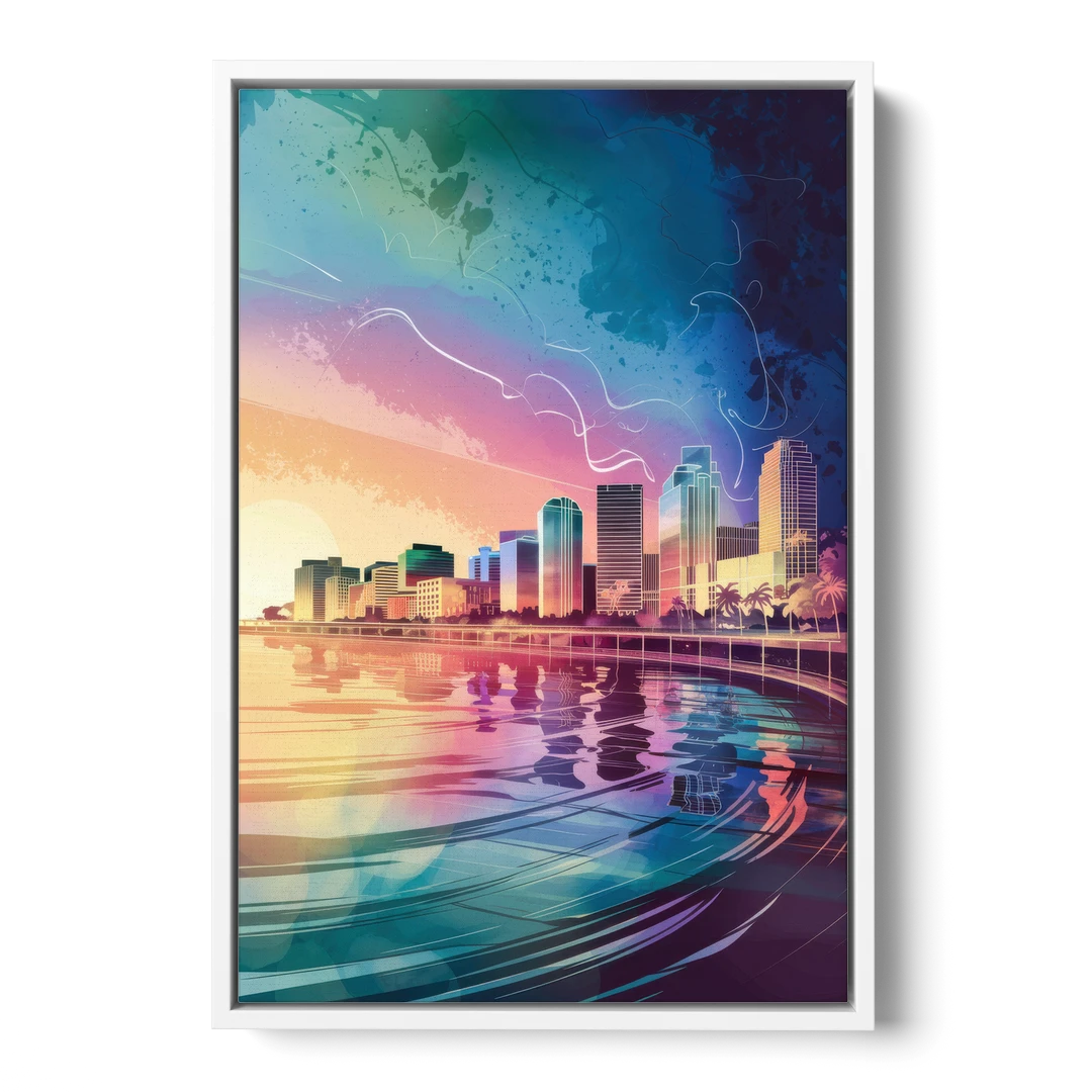 Fort Lauderdale Skyline Reflection - White Framed Canvas Wall Art - Front