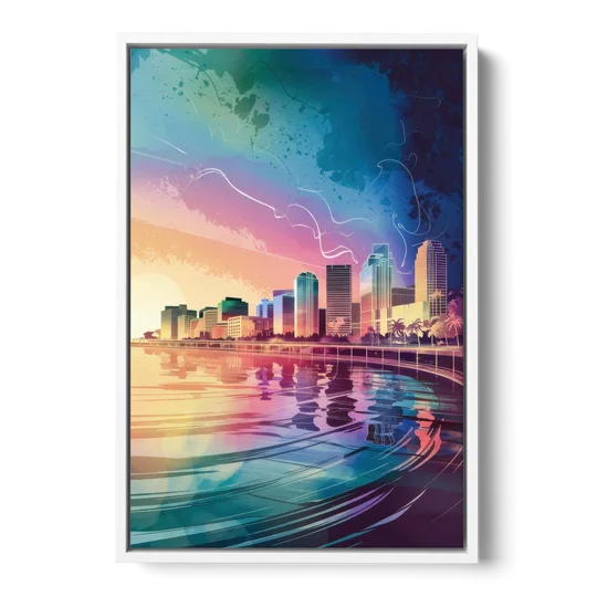Fort Lauderdale Skyline Reflection - White Framed Canvas Wall Art - Front