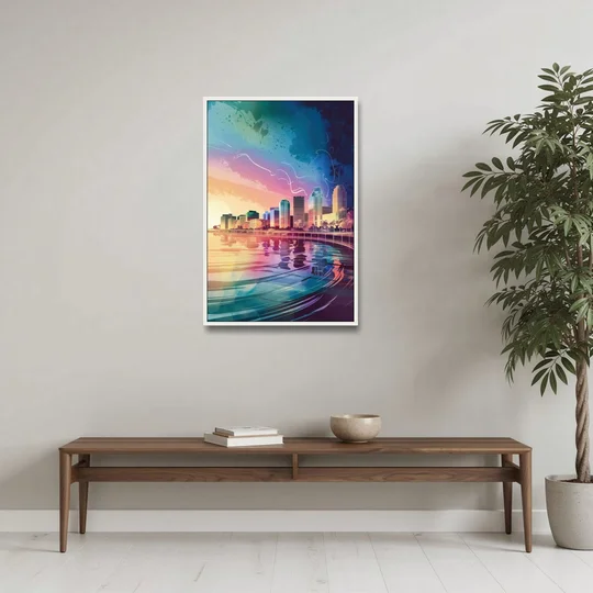 Fort Lauderdale Skyline Reflection - White Framed Canvas Wall Art - Coffee Table - 24x36
