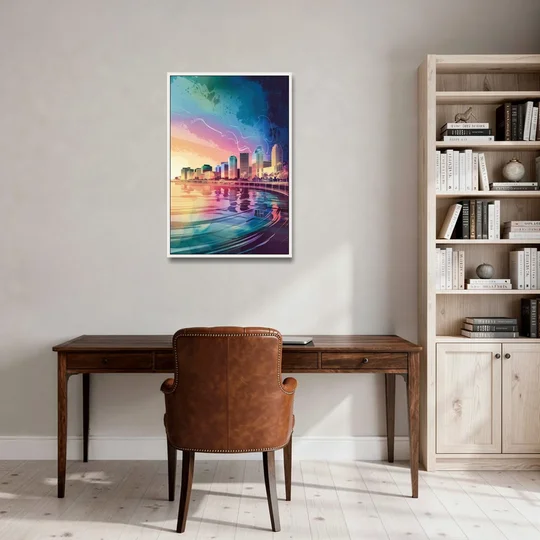 Fort Lauderdale Skyline Reflection - White Framed Canvas Wall Art - Office - 24x36