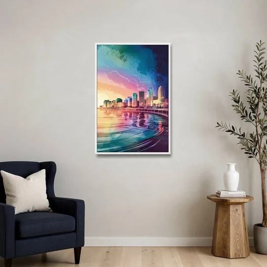 Fort Lauderdale Skyline Reflection - White Framed Canvas Wall Art - Sofa - 24x36