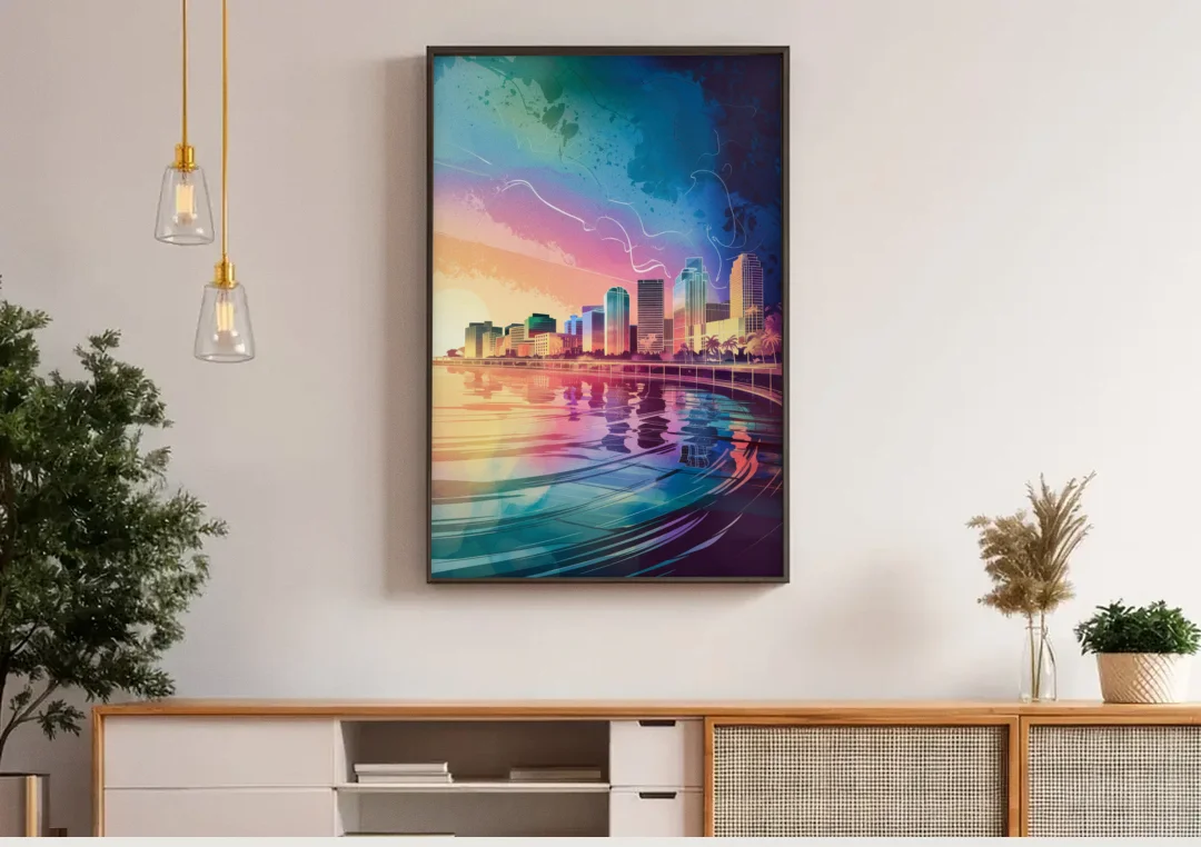 Fort Lauderdale Skyline Reflection canvas wall art above a wooden sideboard under pendant lights