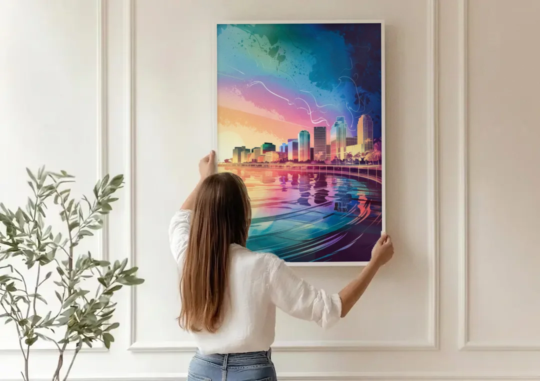 Fort Lauderdale Skyline Reflection canvas wall art being hung on a paneled wall