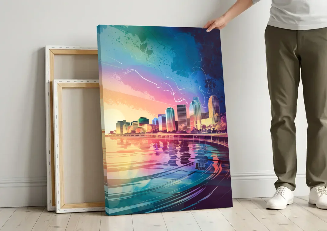 Fort Lauderdale Skyline Reflection canvas wall art leaning against a wall next to blank canvases