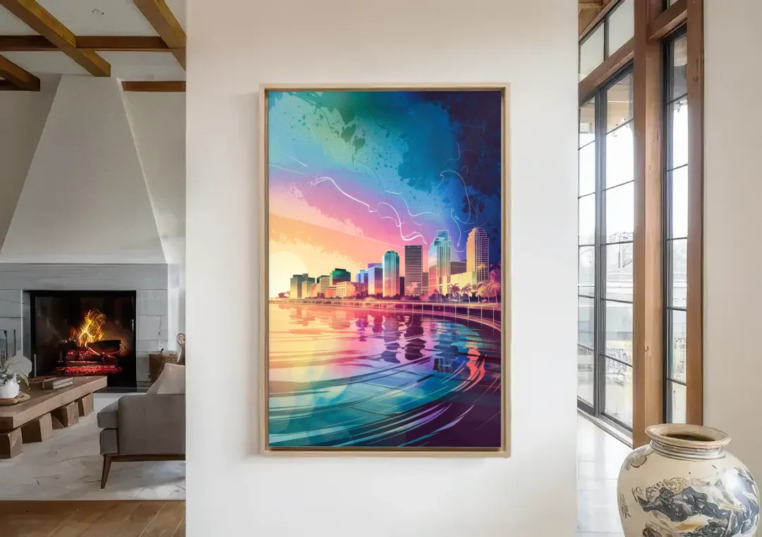 Fort Lauderdale Skyline Reflection canvas wall art in a living room with a fireplace