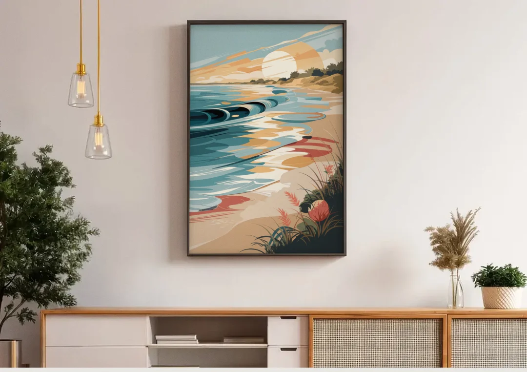 Fort Lauderdale Surf and Sand canvas wall art above a wooden sideboard under pendant lights