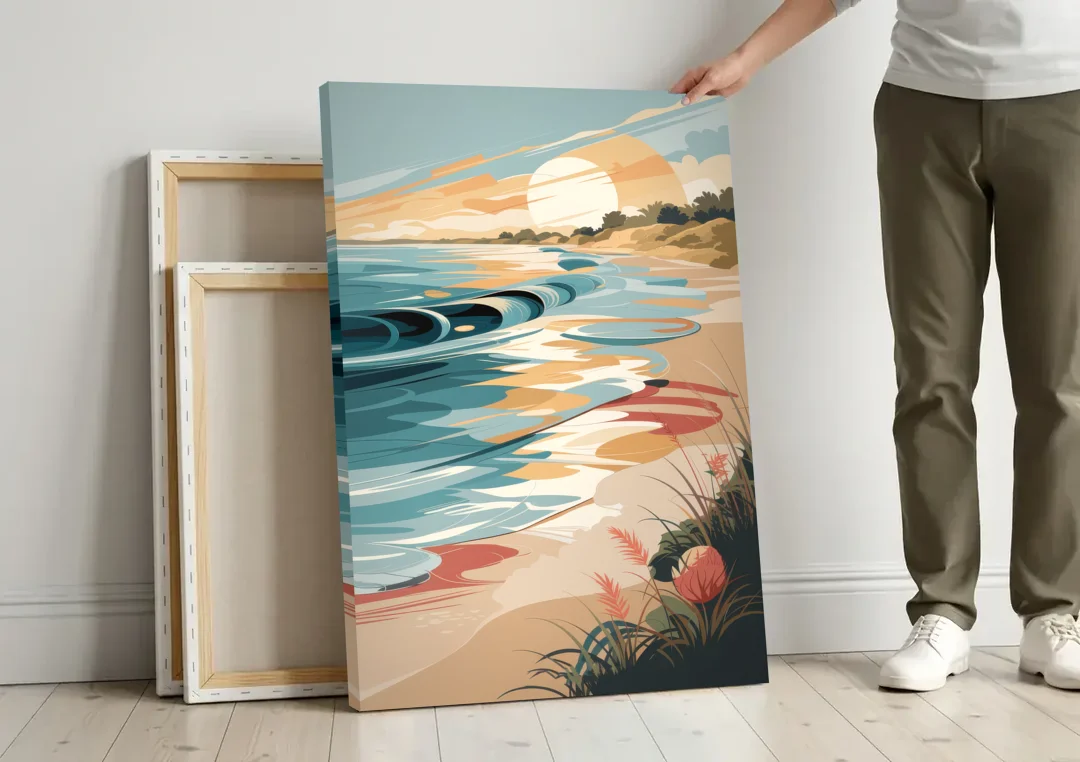 Fort Lauderdale Surf and Sand canvas wall art leaning against a wall next to blank canvases