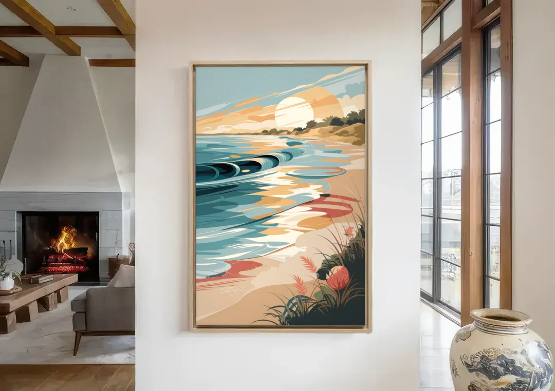 Fort Lauderdale Surf and Sand canvas wall art in a living room with a fireplace