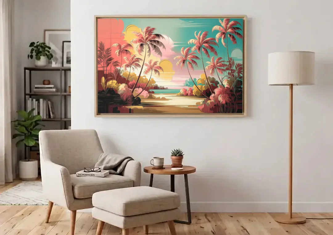 Fort Lauderdale Tropical Palm Trees canvas wall art above an armchair in a bright living room