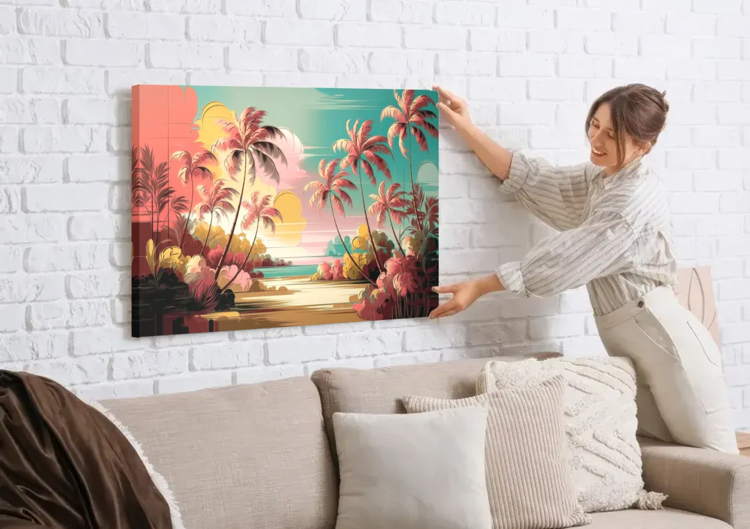 Fort Lauderdale Tropical Palm Trees canvas wall art being hung on a white brick wall above a sofa