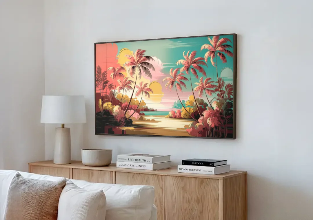 Fort Lauderdale Tropical Palm Trees canvas wall art above a wooden sideboard next to a sofa