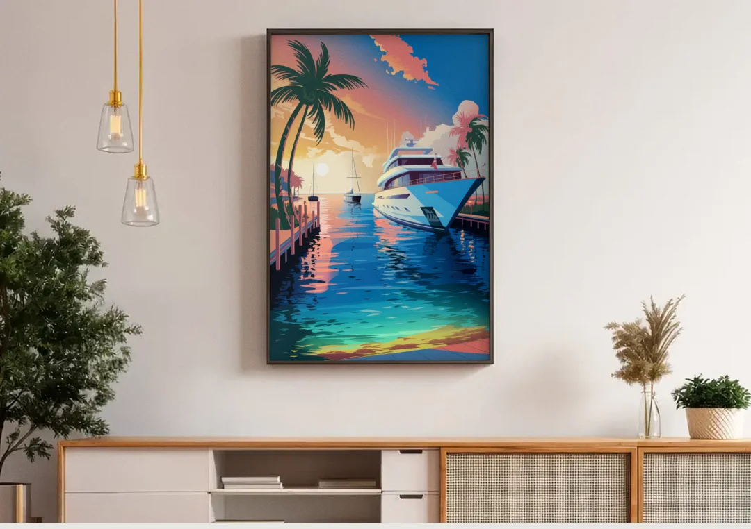 Fort Lauderdale Yacht Harbor canvas wall art above a wooden sideboard under pendant lights