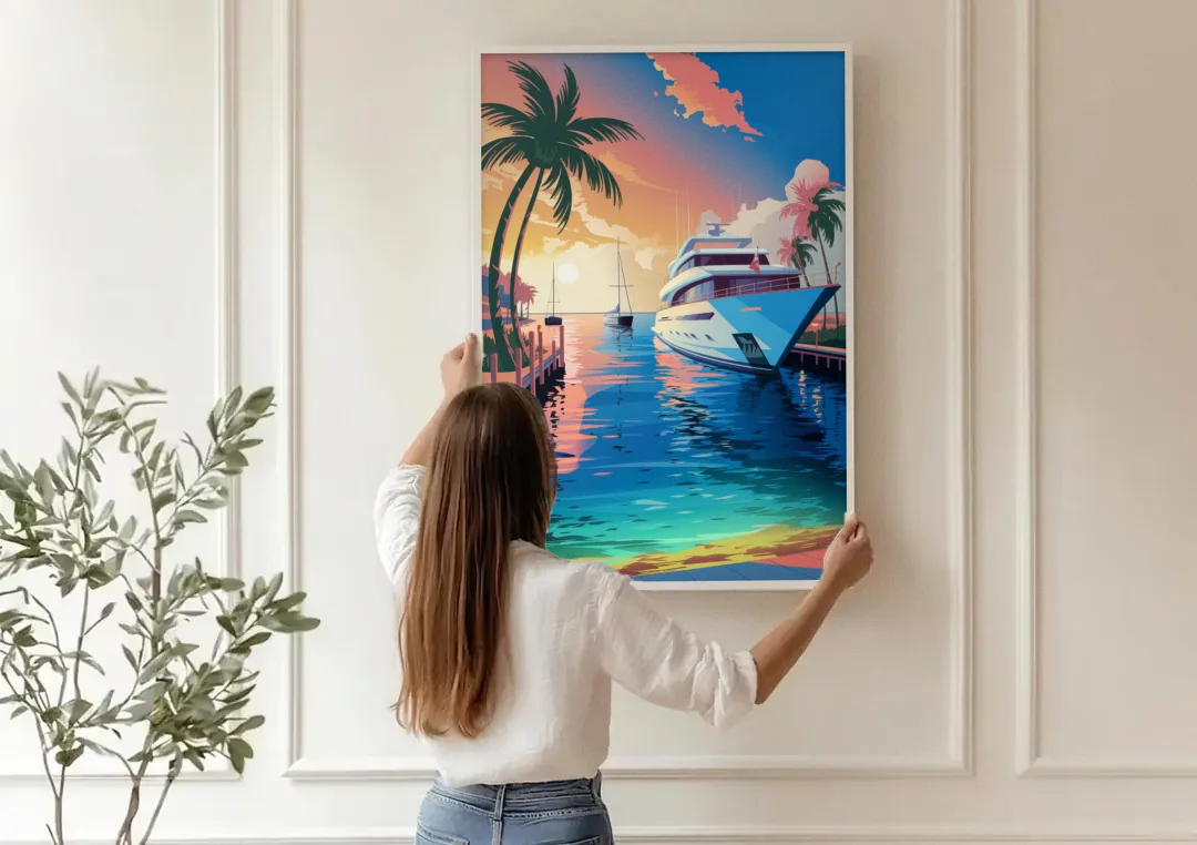 Fort Lauderdale Yacht Harbor canvas wall art being hung on a paneled wall