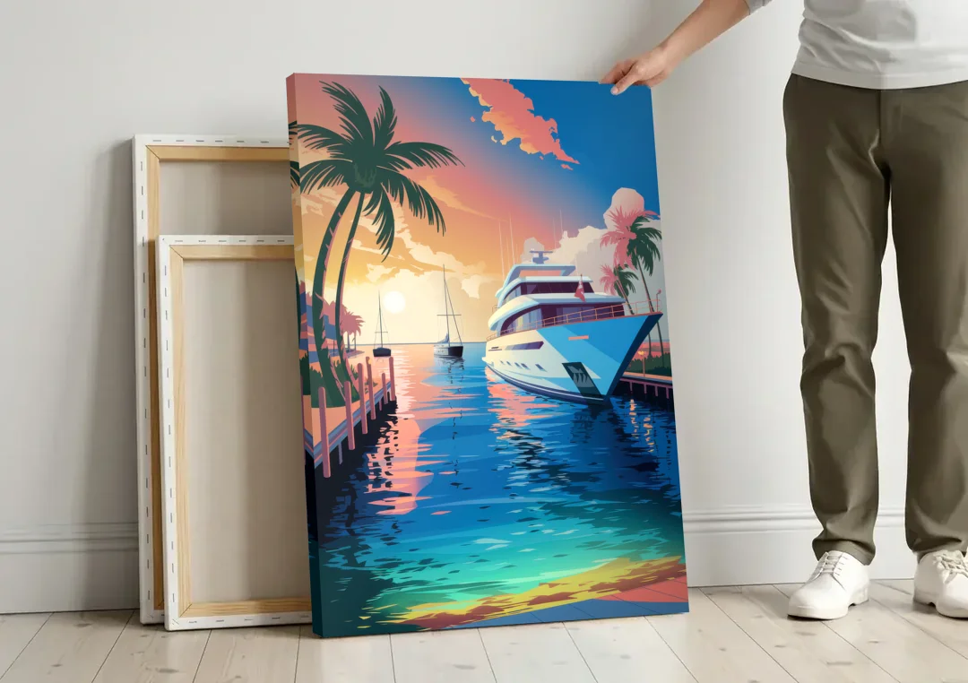 Fort Lauderdale Yacht Harbor canvas wall art leaning against a wall next to blank canvases