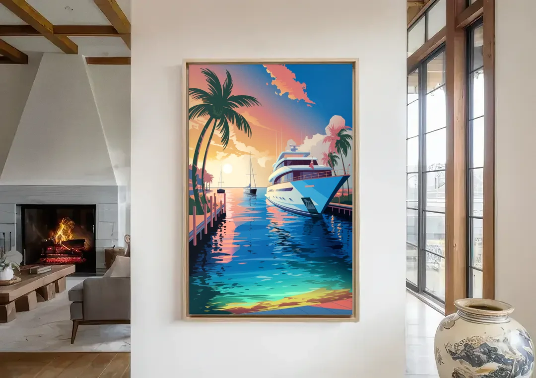 Fort Lauderdale Yacht Harbor canvas wall art in a living room with a fireplace