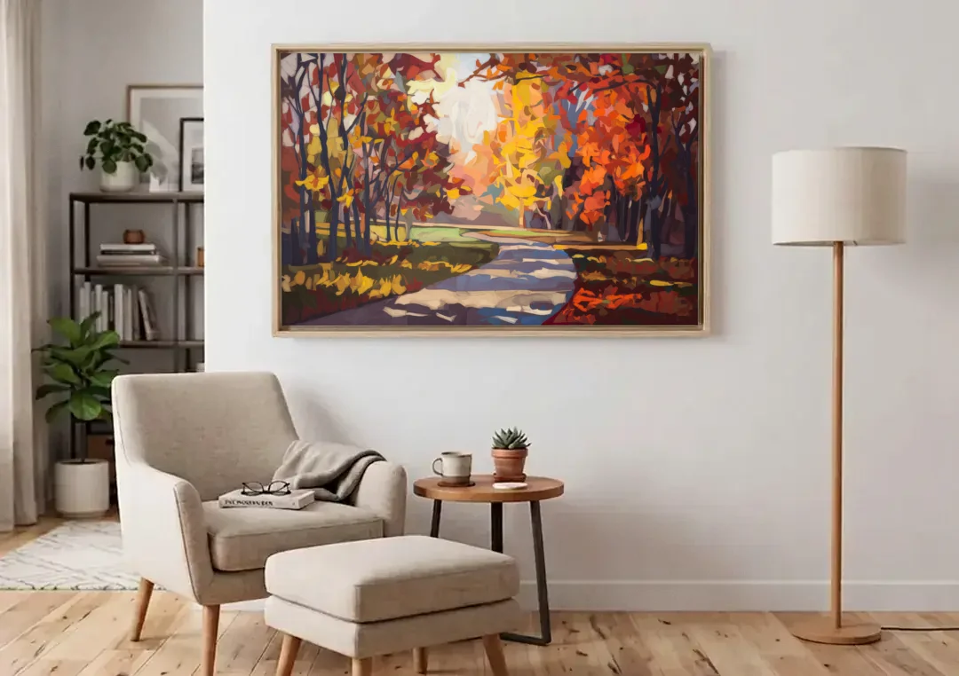 Fort Wayne Autumn Colors canvas wall art above an armchair in a bright living room