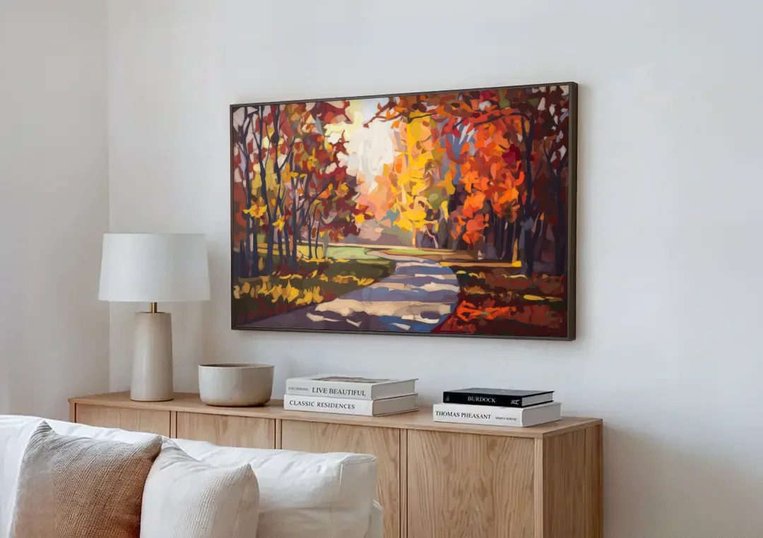 Fort Wayne Autumn Colors canvas wall art above a wooden sideboard next to a sofa