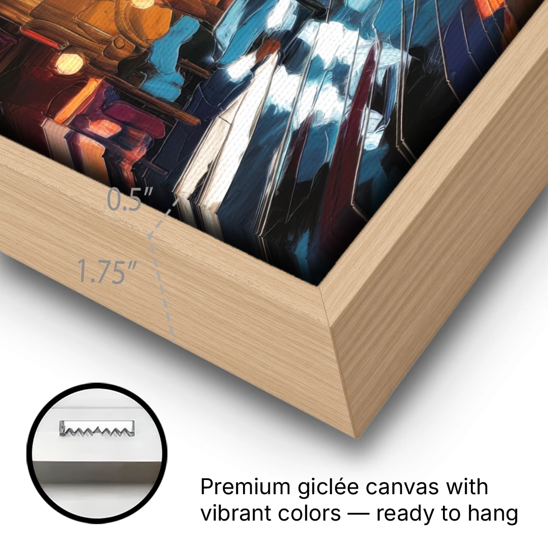 Fort Wayne Downtown Lights - Oak Framed Canvas Wall Art - Gallery Wrap Corner