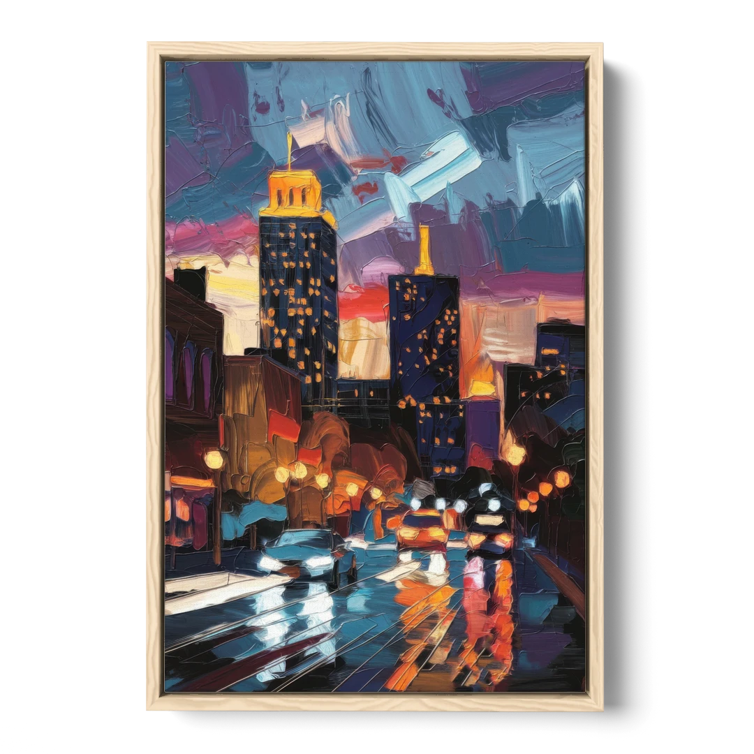 Fort Wayne Downtown Lights - Oak Framed Canvas Wall Art - Front