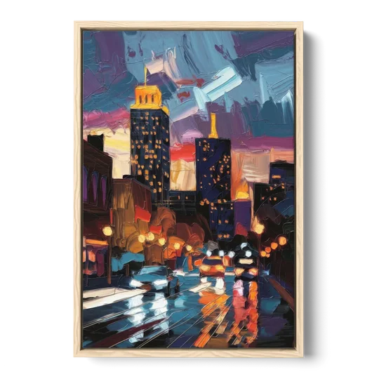 Fort Wayne Downtown Lights - Oak Framed Canvas Wall Art - Front