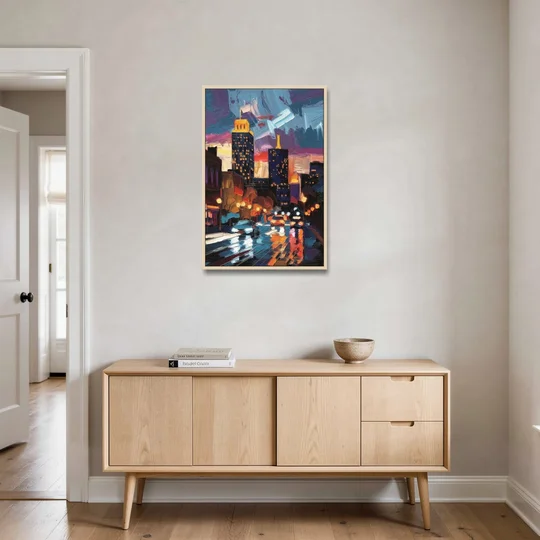 Fort Wayne Downtown Lights - Oak Framed Canvas Wall Art - Coffee Table - 24x36