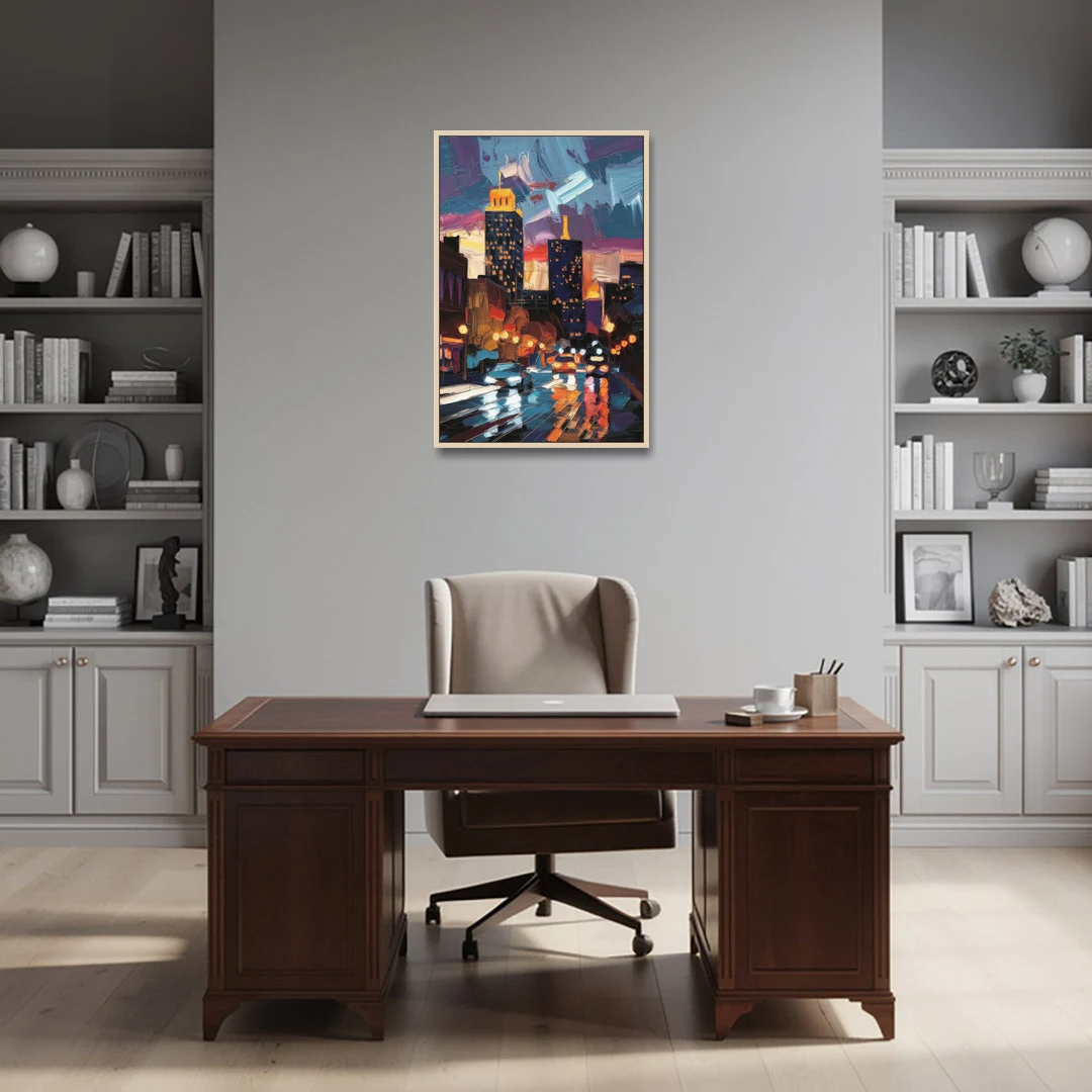 Fort Wayne Downtown Lights - Oak Framed Canvas Wall Art - Office - 24x36