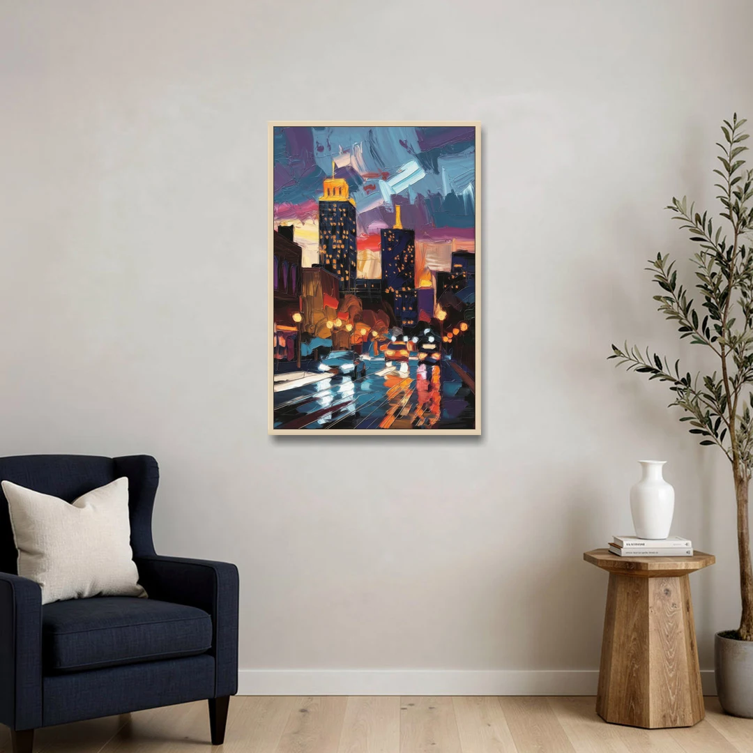Fort Wayne Downtown Lights - Oak Framed Canvas Wall Art - Sofa - 24x36