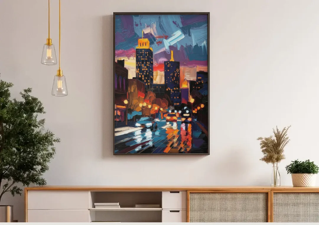 Fort Wayne Downtown Lights canvas wall art above a wooden sideboard under pendant lights