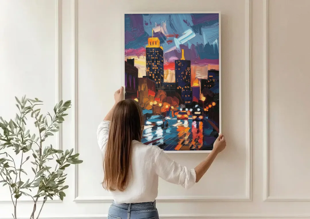 Fort Wayne Downtown Lights canvas wall art being hung on a paneled wall