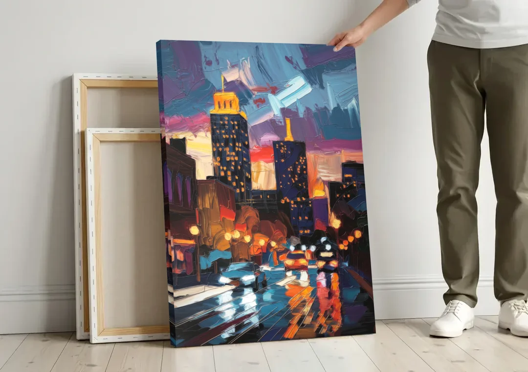 Fort Wayne Downtown Lights canvas wall art leaning against a wall next to blank canvases