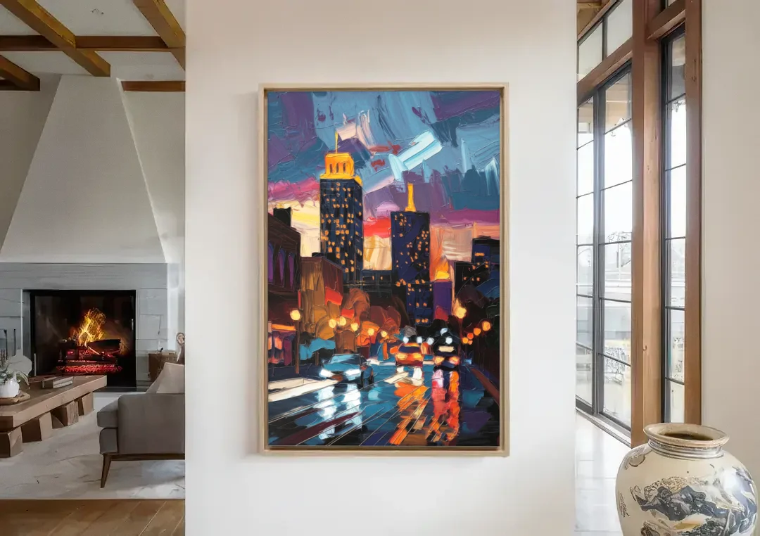 Fort Wayne Downtown Lights canvas wall art in a living room with a fireplace