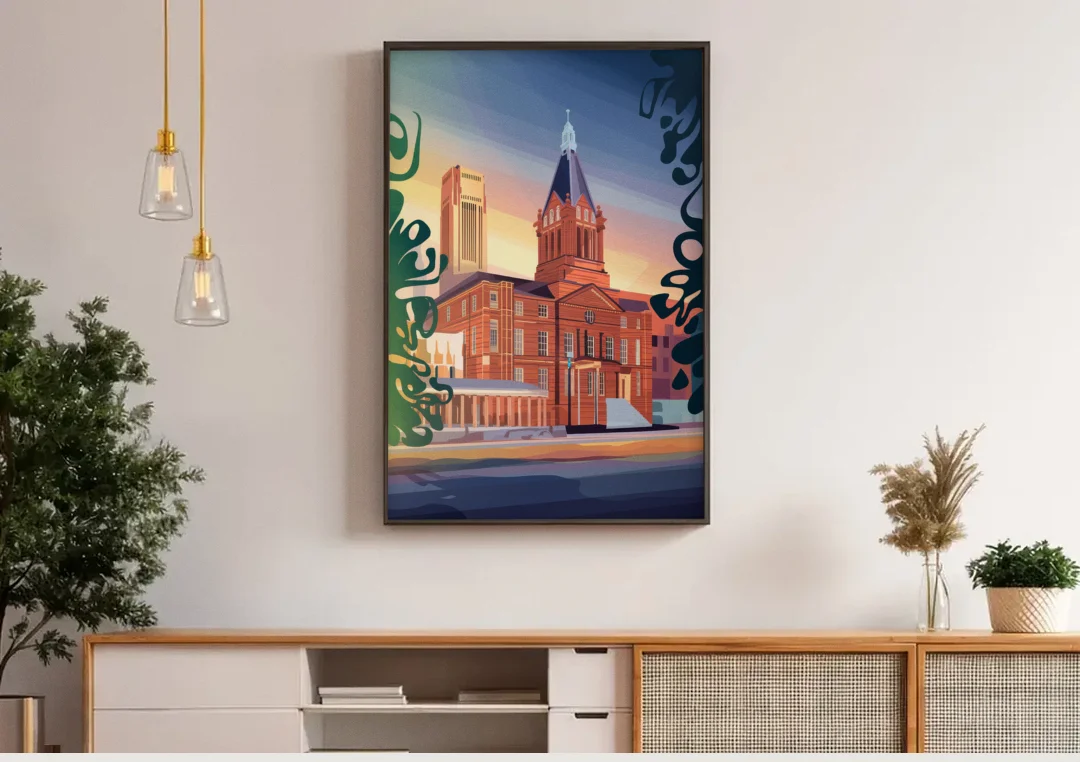 Fort Wayne Historic Landmarks canvas wall art above a wooden sideboard under pendant lights
