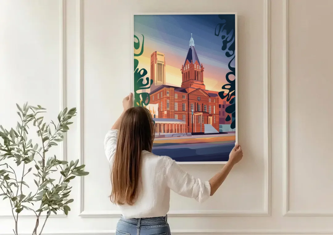 Fort Wayne Historic Landmarks canvas wall art being hung on a paneled wall