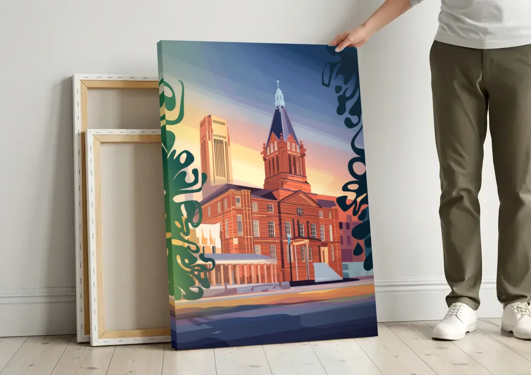 Fort Wayne Historic Landmarks canvas wall art leaning against a wall next to blank canvases