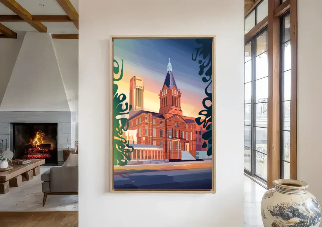 Fort Wayne Historic Landmarks canvas wall art in a living room with a fireplace