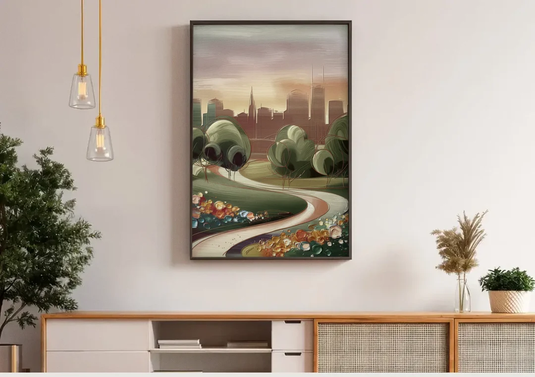 Fort Wayne Park Views canvas wall art above a wooden sideboard under pendant lights