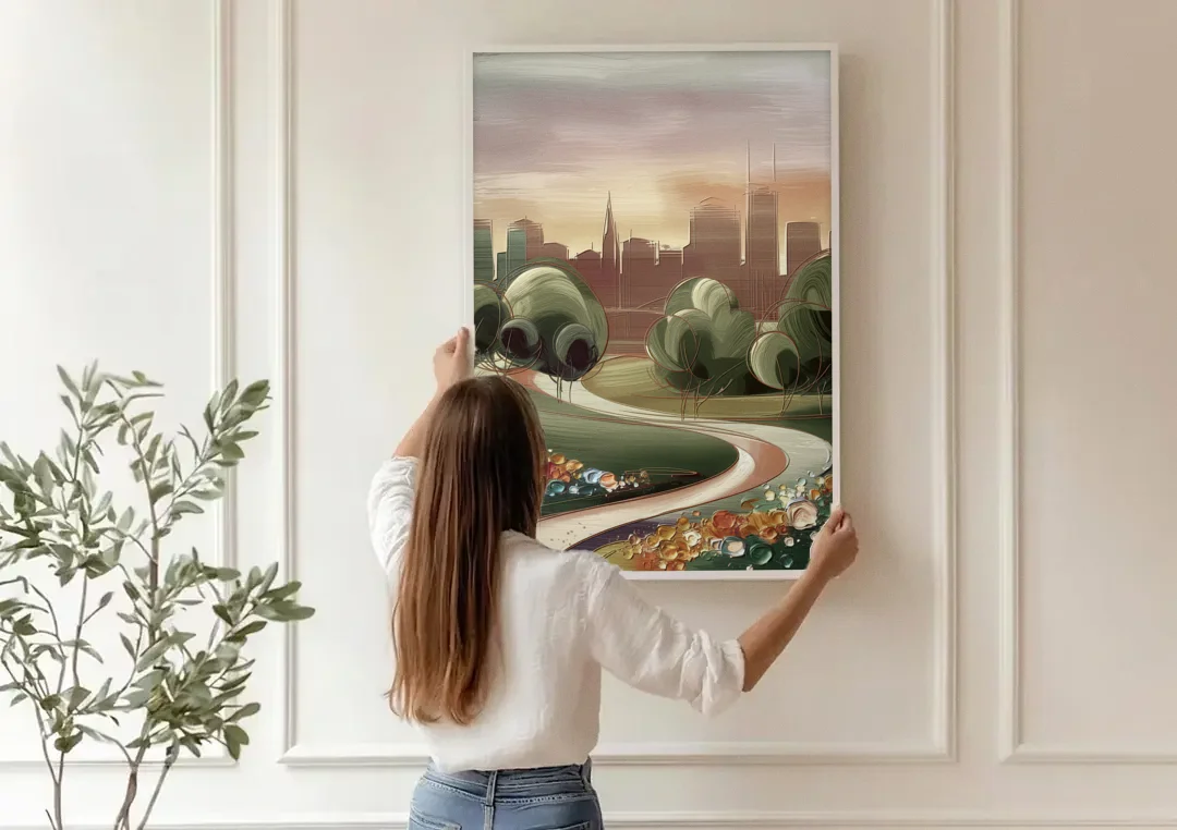 Fort Wayne Park Views canvas wall art being hung on a paneled wall