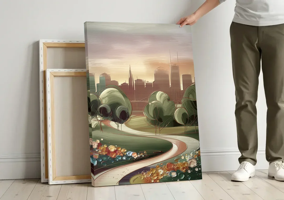 Fort Wayne Park Views canvas wall art leaning against a wall next to blank canvases