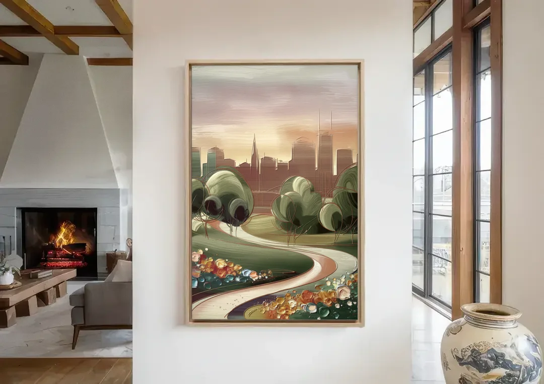 Fort Wayne Park Views canvas wall art in a living room with a fireplace