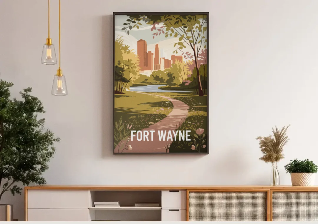 Fort Wayne Scenic Trails canvas wall art above a wooden sideboard under pendant lights