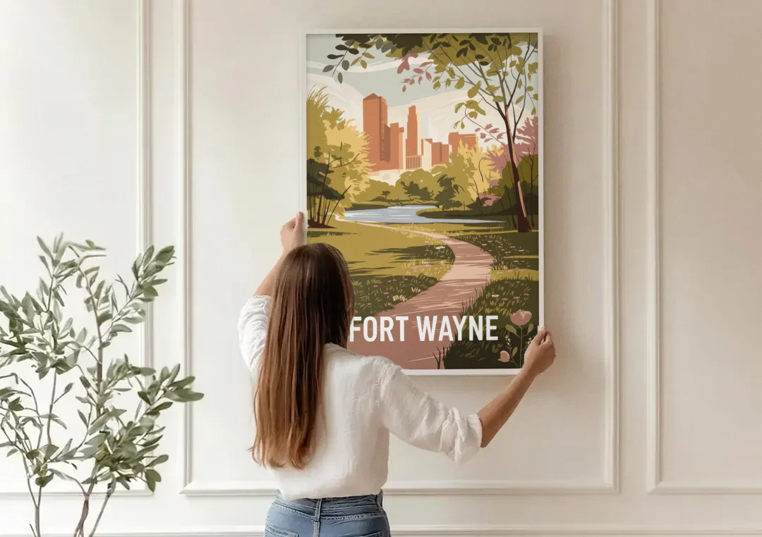 Fort Wayne Scenic Trails canvas wall art being hung on a paneled wall