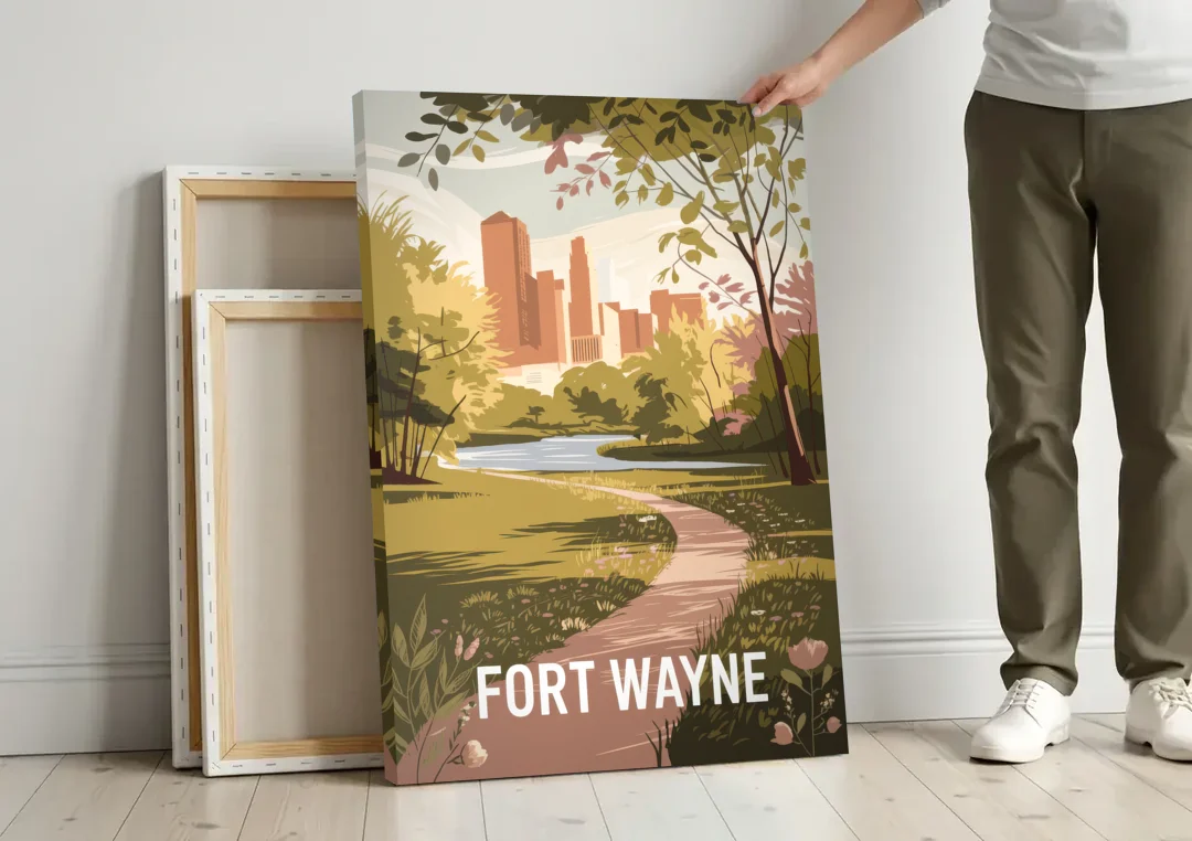 Fort Wayne Scenic Trails canvas wall art leaning against a wall next to blank canvases