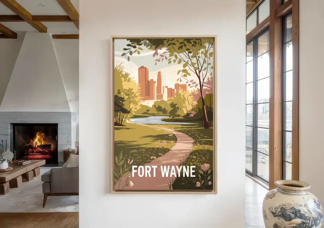 Fort Wayne Scenic Trails canvas wall art in a living room with a fireplace