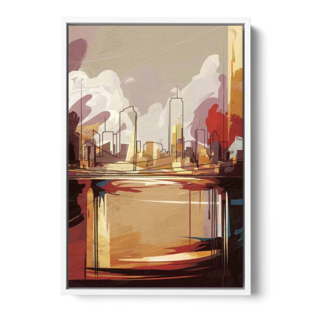 Fort Wayne Skyline Panorama - White Framed Canvas Wall Art - Front