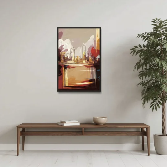 Fort Wayne Skyline Panorama - Black Framed Canvas Wall Art - Coffee Table - 24x36