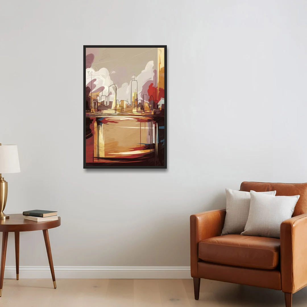 Fort Wayne Skyline Panorama - Black Framed Canvas Wall Art - Sofa - 24x36