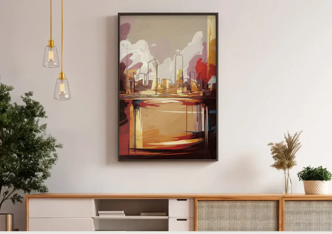Fort Wayne Skyline Panorama canvas wall art above a wooden sideboard under pendant lights